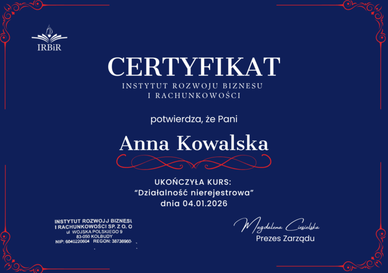Działalność nierejestrowana Instytut Rozwoju Biznesu i Rachunkowości