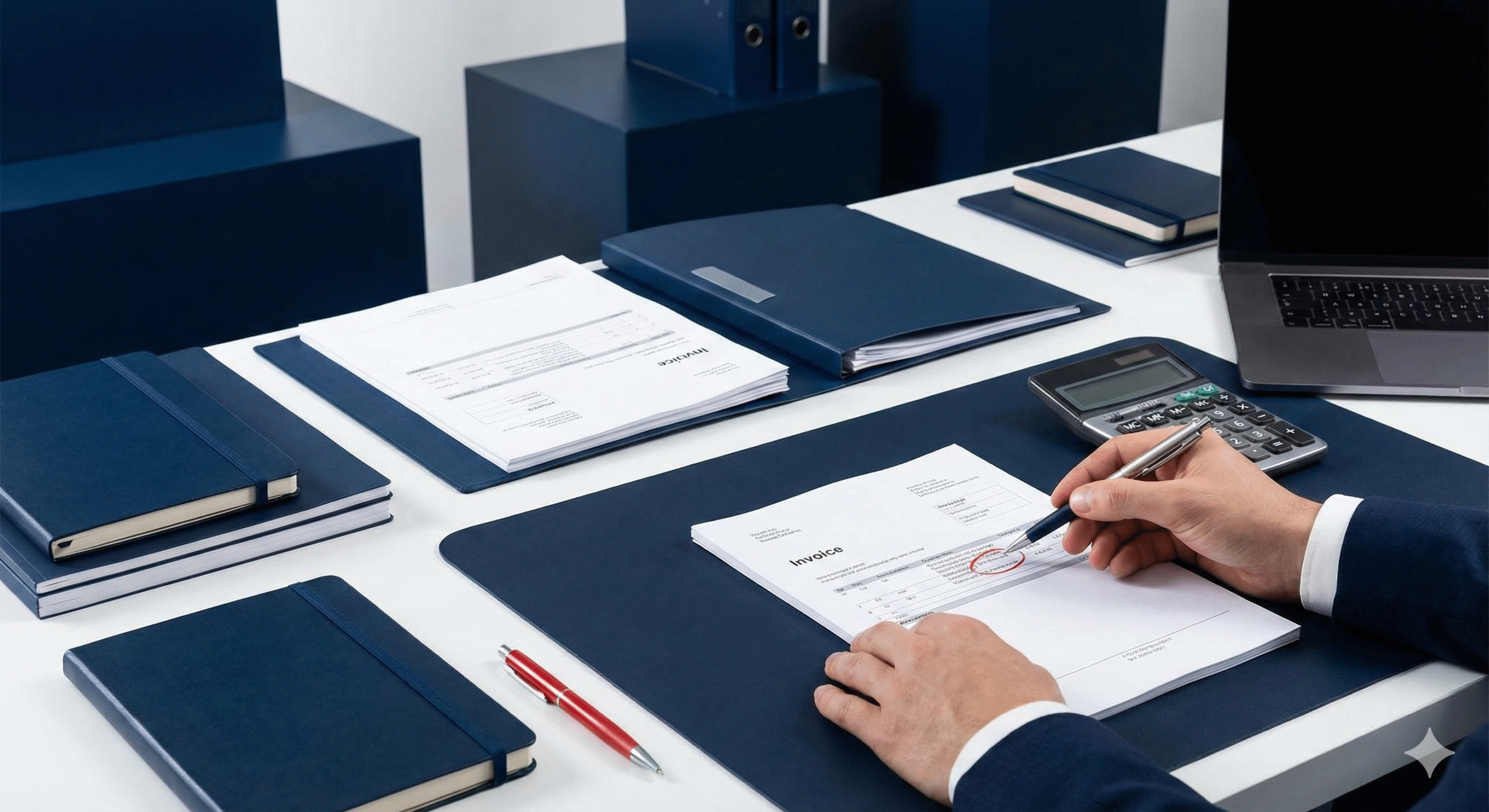 Zbliżenie na ręce księgowego w granatowym garniturze, który czerwonym długopisem zakreśla błąd na fakturze VAT. Na biurku widoczne granatowe teczki, notatniki, kalkulator i laptop. Profesjonalna aranżacja biurowa.