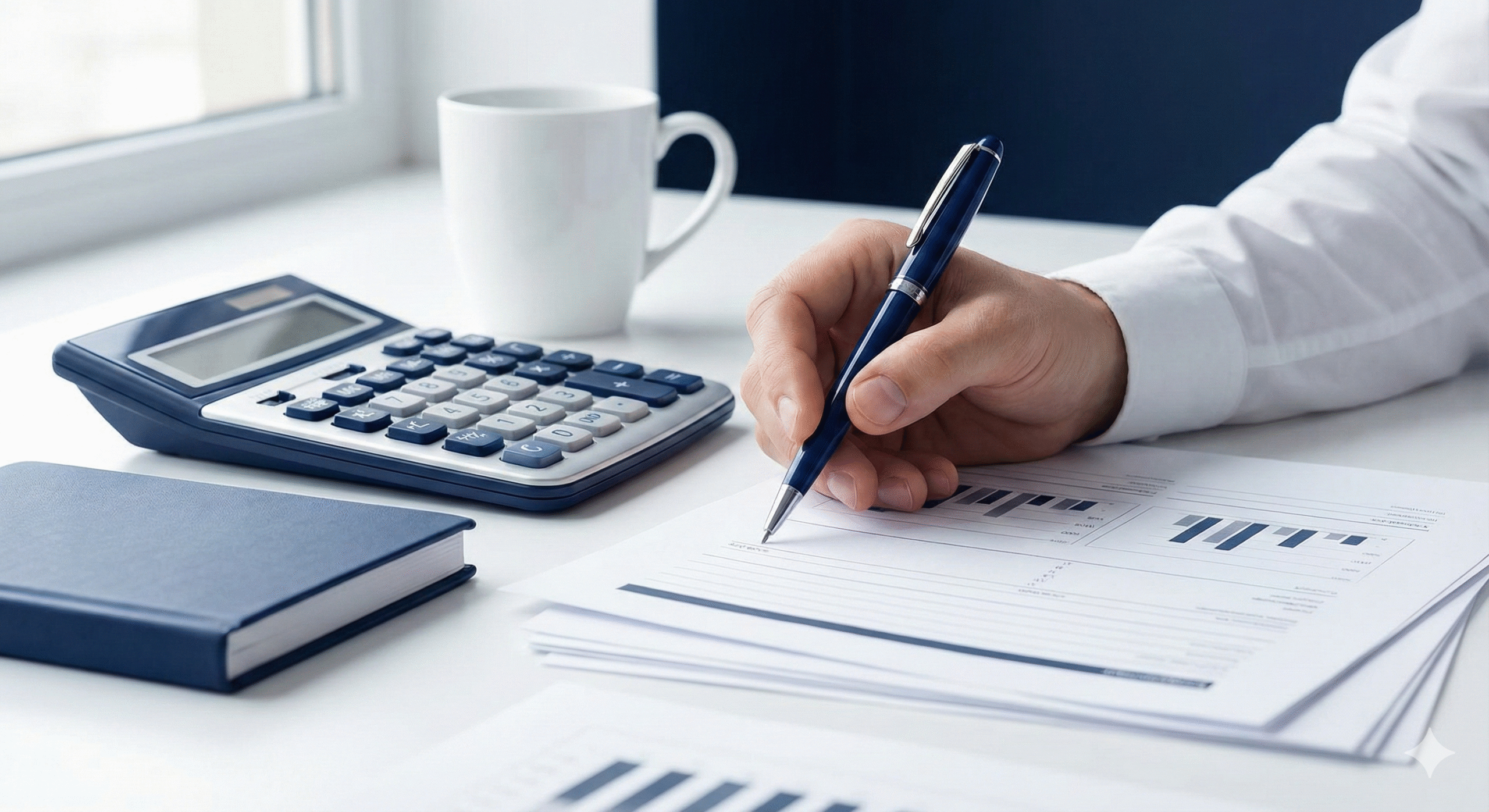 Zbliżenie na dłoń księgowego z granatowym długopisem, analizującą dokumenty finansowe i wyliczającą podatek VAT przy użyciu kalkulatora w biurze.